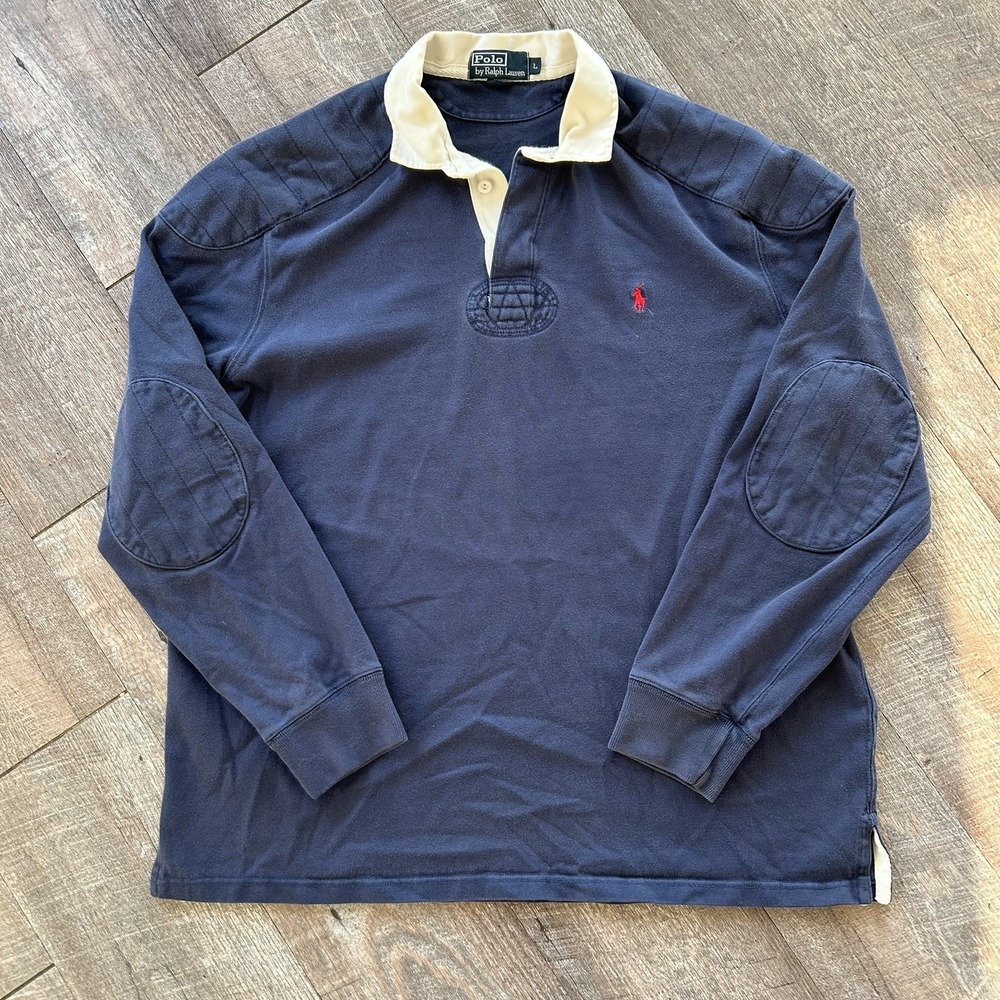 Vintage Polo Ralph Lauren Rugby Shirt Men Large Navy Blue Long Sleeve Pony Pads